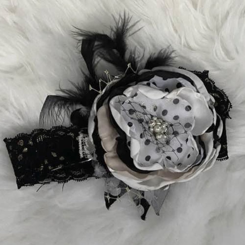 Black Polka Dot Boutique Flower Headband Feathers Bling